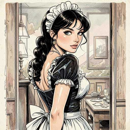 This detailed illustration depicts a young woman dressed as a maid, standing in a doorway that leads into a dining room. She has long, dark hair styled in a braid that drapes over her shoulder, and she wears a white maid's cap adorned with a ribbon. Her attire includes a black dress with puffy sleeves, a white apron tied around her waist, and a white bow at the back of her dress. The dress features a deep V-cut back, revealing her shoulders and upper back. She accessorizes with a delicate necklace and dangling earrings. The woman has striking blue eyes and is gazing over her shoulder directly at the viewer.

The dining room behind her is elegantly furnished with a table set for two, complete with plates, wine glasses, and a small dish. A window in the background offers a picturesque view of a mountain range, adding depth to the scene. To the left of the window, a wall-mounted lamp provides additional lighting. The overall composition is rendered in a watercolor style, with soft, muted colors that enhance the vintage and intimate atmosphere of the illustration.