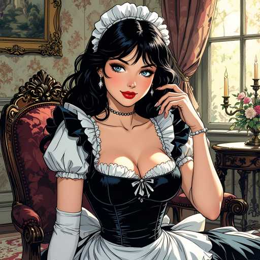 The image depicts a woman wearing a maid's outfit and headband, seated on a chair with her hand resting on her chin. The background features a window with curtains and a table holding flowers.