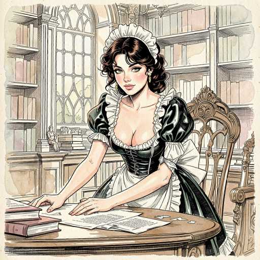 The image depicts a detailed illustration of a woman dressed in a maid's outfit, seated at a round wooden table. She is wearing a black dress with white frills around the neck and sleeves, and a white apron. Her brown hair is styled in curls, and she has pink lips and rosy cheeks. The woman is looking directly at the viewer with a neutral expression, her hands resting on the table. On the table, there are three pieces of paper with black text and two red books. Behind her, a large window with a grid pattern allows light to filter into the room, illuminating the scene. To the left of the window, a small statue of a man is visible, and to the right, there are bookshelves filled with books. The background includes a wall with a brown and white color scheme, adding to the overall vintage feel of the illustration.