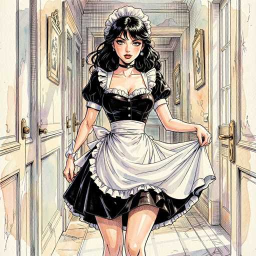 The image depicts a detailed drawing of a woman dressed in a maid's outfit, walking down a long hallway. She has long black hair and is wearing a white cap on her head. Her attire includes a black dress with white frills at the bottom, a white apron, and a white collar. The dress is buttoned up to her chest, and she has a black choker around her neck. She is holding the sides of her apron with both hands, revealing her legs. The hallway features doors on both sides, each with a gold handle, and the walls are adorned with framed pictures. The floor is made of white tiles, and the overall scene is rendered in a watercolor style.