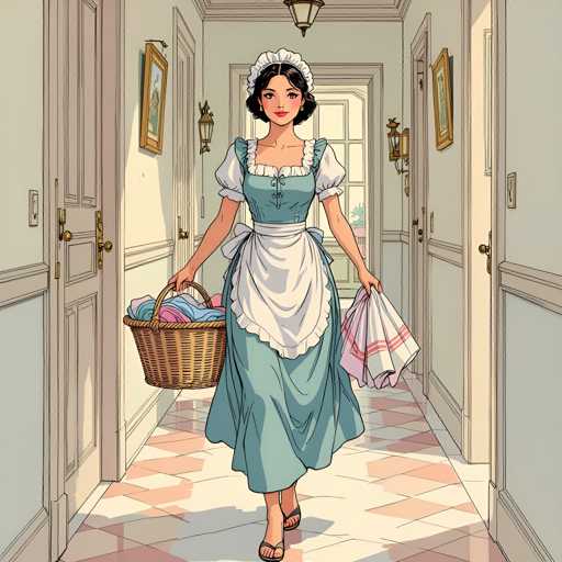 A woman dressed as a maid is walking down a hallway carrying a basket filled with laundry and holding an umbrella.