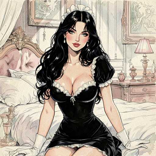 The image depicts a detailed, hand-drawn or digitally created artwork of a woman in a maid's outfit, seated on a bed in a bedroom. The woman has long, wavy black hair cascading down to her chest, and she wears a white maid's cap. Her attire includes a black dress with white frills around the neckline, shoulders, and hem, complemented by white gloves. She has fair skin, blue eyes, and red lips, with a slight smile on her face.

The bedroom setting is richly detailed. The bed she sits on features a white comforter and a pink headboard with a gold frame. To her right, there is a nightstand with a pink lamp and a pink lampshade, along with other decorative items. The walls are adorned with framed pictures, including one of a woman in a green dress. A white curtain hangs in the top left corner of the image, adding to the room's decor. The overall scene is rendered in a cartoon style, emphasizing the intricate details and vibrant colors of the artwork.