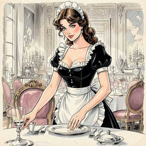The image depicts a detailed, vintage-style illustration of a young woman dressed as a maid in a classic black and white uniform. She has long, curly brown hair adorned with a white cap, and she is wearing earrings. Her uniform features a black dress with white frills around the shoulders and chest, a white apron, and a white belt. The maid is standing in a luxurious dining room with ornate decor, including pink chairs with gold trim, candelabras, and vases filled with flowers. She is positioned at a round table covered with a white tablecloth, meticulously setting a place setting with a plate, a wine glass, a water glass, and silverware. The background reveals more tables similarly set, suggesting a grand feast or banquet is about to take place. The illustration is rendered in a style reminiscent of old comic books or newspaper cartoons, with a focus on the maid as the central figure amidst the opulent setting.