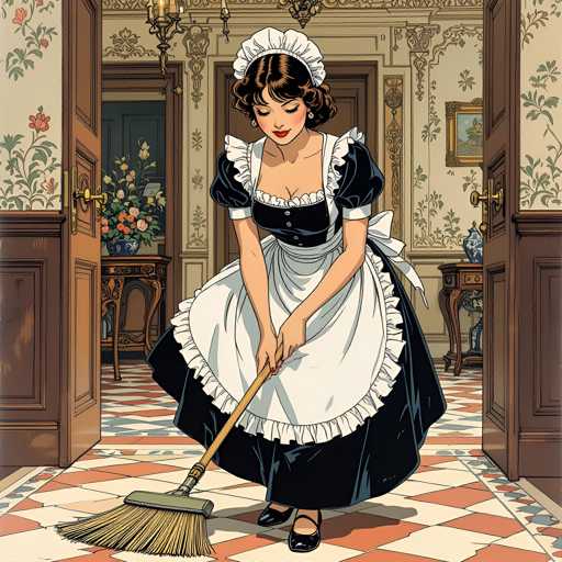 A woman dressed as a maid is sweeping the floor with a broom in her hand.