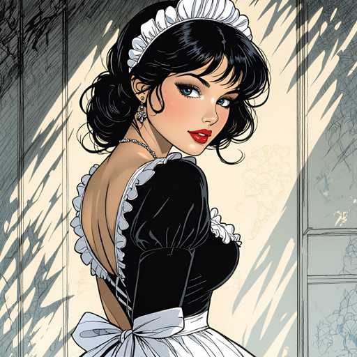 The image depicts a woman wearing a white and black dress with a ruffled collar and a bow on her head. She is standing against a gray wall, which has a window that allows natural light to enter the room. The woman's gaze is directed towards the camera, creating an engaging visual narrative.