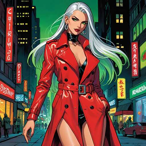 In this vibrant, cartoon-style image, a striking woman stands confidently in the middle of a bustling city street. She is adorned in a long, red trench coat that is open at the front, revealing a black bra and matching panties. The coat is cinched at the waist with a belt, emphasizing her sleek silhouette. Her long, flowing white hair cascades down her back, and she wears hoop earrings that add a touch of elegance to her bold look. Her green eyes and red lipstick stand out vividly against her fair skin.

The background is a dynamic urban landscape filled with tall buildings on both sides of the street, their windows glowing with light. Red signs with white symbols line the buildings, adding to the city's energetic atmosphere. The street is alive with people walking on both sidewalks, and a red car is parked on the right side of the road. The woman's left hand rests casually in her pocket, while her right hand hangs by her side, showcasing her long, red fingernails. She gazes directly at the viewer, exuding a sense of self-assurance and allure.
