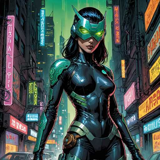 The image depicts a striking female superhero set against a futuristic, cyberpunk cityscape. She is clad in a sleek, form-fitting black bodysuit adorned with green accents, including shoulder pads, elbow pads, and a mask that covers her eyes. The mask features pointed ears, adding to her fierce appearance. Her long black hair flows down her back, and she has a belt with a circular buckle on her right hip. The background is a neon-lit urban environment, filled with towering skyscrapers and buildings illuminated by vibrant pink, blue, yellow, and orange signs, all displaying text in an Asian language. The scene is bustling with cars, enhancing the sense of a busy, modern metropolis. The overall atmosphere is dark and moody, with a greenish tint that adds to the cyberpunk aesthetic.