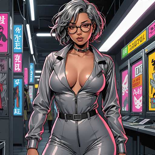 The image depicts a cartoon-style drawing of a woman standing in a hallway. She is wearing a gray, long-sleeved jumpsuit that is unzipped to reveal a significant amount of cleavage. The jumpsuit features a zipper running down the middle, and she has a black belt with a silver buckle around her waist. The woman has short, wavy gray hair and is wearing black glasses. Her skin is brown, and she has a choker necklace around her neck. She is looking directly at the viewer with a serious expression.

The background suggests she is in a store or restaurant, as there are various signs and posters with text in an Asian language, possibly Japanese or Chinese, lining the walls. The ceiling is black with white lights, and the floor is gray. To her right, there is a counter with a yellow sign and a pink sign featuring a white cat. On the left side of the image, there are additional signs in blue and pink, also with text in an Asian language. The overall setting is brightly lit, emphasizing the detailed and vibrant elements of the scene.