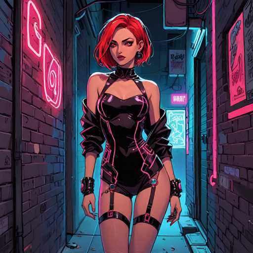 In this captivating image, a striking woman with vibrant red hair and matching red eyes stands confidently in the middle of a narrow alleyway. She is adorned in a sleek, black leather bodysuit that accentuates her figure, featuring a deep neckline and a high collar that wraps around her neck. The bodysuit is detailed with pink lines running down the sides, adding a touch of allure to her ensemble. Straps extend from the bodysuit over her shoulders, leading to garters that hold up her stockings, with the straps themselves secured by pink buckles. Her arms are adorned with black wristbands, each embellished with a pink circle at the center, completing her edgy and sophisticated look. The alleyway around her is dimly lit, with neon signs casting a soft glow on the brick walls, creating an atmosphere of mystery and intrigue.