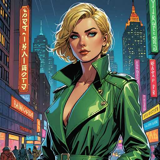 A stylish, blonde woman in a bright green leather trench coat stands confidently in the center of a bustling city street. She has piercing blue eyes and a subtle, confident smile. The trench coat is open to reveal a low-cut neckline, emphasizing her figure. Her short blonde hair is slightly windswept, and she's wearing a thin belt at the waist. The background features a vibrant, rainy cityscape with neon signs in various languages (Japanese and English), suggesting a bustling urban environment. The overall style is reminiscent of a comic book illustration, with bold lines and rich colors.