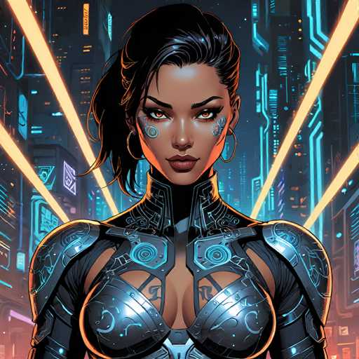 The image depicts a striking female character from a video game, set against a backdrop of towering skyscrapers illuminated by vibrant neon lights in shades of blue, yellow, and orange. The scene is bathed in a dark, moody atmosphere, with the sky appearing almost black. 

In the foreground, the woman stands confidently, her gaze directed straight at the viewer. She has short, black hair that is pulled back, with a few loose strands framing her face. Her skin is a rich brown, and she has captivating orange eyes. Adorning her face are intricate blue tattoos: one on each cheek and another just below her right eye. She wears large hoop earrings that add to her bold appearance.

Her attire is a form-fitting, metallic black suit that accentuates her figure. The suit features a high collar that extends up to her neck, and it has cutouts that reveal her shoulders and chest, adding to the overall allure of her design. The combination of her fierce expression, unique tattoos, and futuristic outfit creates a powerful and memorable image.