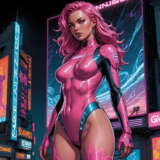 A detailed, vibrant digital painting of a woman in a futuristic pink and black bodysuit standing against a neon-lit cityscape. The woman has long, voluminous pink hair with a slight wave and is looking directly at the viewer with a confident expression. Her bodysuit is sleek and form-fitting, featuring glowing pink accents and dark black sections on the arms. She has a subtle, stylized makeup look with pink eyeshadow and a small, delicate earring. The background is a bustling cyberpunk city at night, filled with towering neon signs in various languages and vibrant colors. The overall style is reminiscent of a comic book illustration, with sharp lines and bold color palettes.