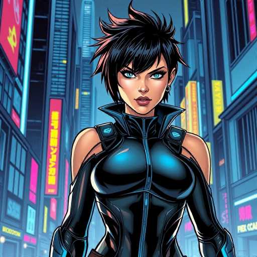 The image depicts a striking female character, possibly from a video game or an anime. She stands confidently in the foreground of a bustling cityscape, which appears to be set in an Asian metropolis, likely Japan, given the presence of Japanese characters on the buildings behind her. The city is illuminated by vibrant neon signs in shades of pink, yellow, and red, casting a colorful glow over the scene.

The woman is dressed in a sleek, form-fitting black leather outfit that accentuates her curves. Her attire includes a high collar that extends up to her neck, and the outfit is designed with straps over her shoulders and a zipper running down the front. Her arms are covered by the same material, extending to her wrists. The outfit is form-fitting, highlighting her chest and waist, and appears to be designed for both style and functionality.

Her hair is short and spiky, predominantly black with subtle pink highlights, adding a dynamic touch to her appearance. She has large, expressive blue eyes and full lips, which are slightly parted, giving her a serious and focused expression. Her gaze is directed straight at the viewer, creating an intense and engaging visual impact.