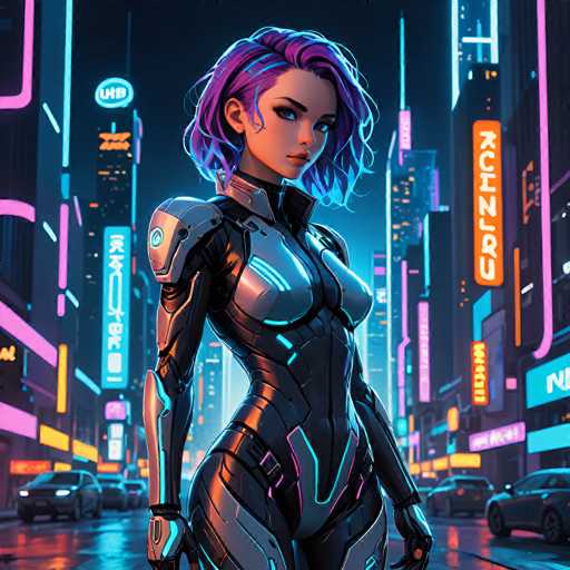 In this vibrant, futuristic cityscape, a striking female character stands prominently in the foreground. She is adorned in a sleek, form-fitting black bodysuit that accentuates her curves, with metallic silver armor plating on her shoulders, chest, and legs. Her short, wavy hair is a mesmerizing blend of purple and blue, cascading just past her chin. Her large, expressive blue eyes and full lips add to her captivating presence. She gazes directly at the viewer, exuding confidence and strength.

The backdrop is a bustling metropolis illuminated by an array of neon signs and billboards, predominantly in Japanese. One notable sign features the letters "H-U-B" in a blue circle, while another displays "C-H-I-N-Z-R-U" in an orange rectangle. The wet streets reflect the neon lights, enhancing the city's futuristic ambiance. Cars are parked along the sides of the road, and the overall scene is bathed in a mix of blues, pinks, and yellows, creating a dynamic and visually engaging environment.
