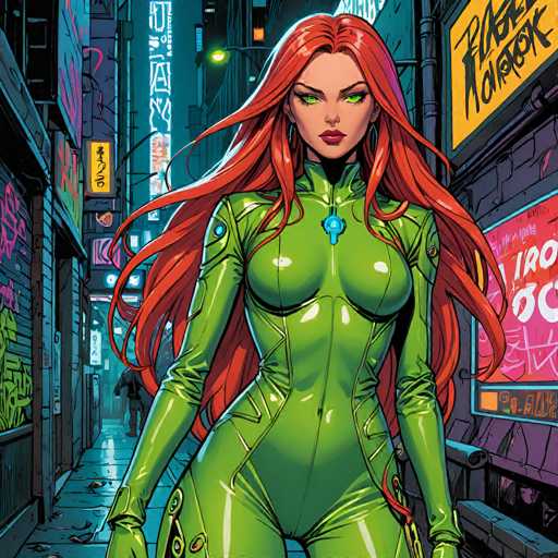 The image depicts a striking female character from a comic book, set against a backdrop of a futuristic cityscape. She stands confidently in the middle of a narrow alleyway, flanked by tall buildings adorned with vibrant neon signs and graffiti. Her long, flowing red hair cascades down to her waist, contrasting beautifully with her green eyes and red lipstick. She is dressed in a form-fitting, metallic green bodysuit that accentuates her curves, particularly her large breasts. The bodysuit features a distinctive blue circular emblem on her chest, resembling a camera lens, and additional blue accents on her shoulders. Her arms are positioned at her sides, and she gazes directly at the viewer with an intense expression. The scene is illuminated by the glow of neon signs, including a prominent yellow one with black text that reads "Future Tokyo," enhancing the cyberpunk atmosphere of the setting.