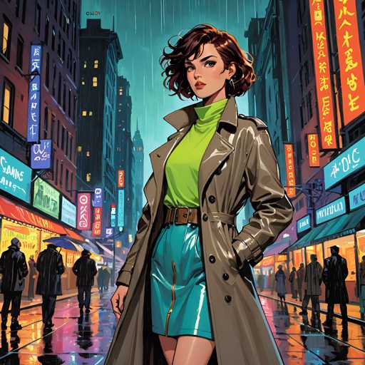 The image depicts a woman standing on a city street at night, wearing a green dress and a brown trench coat with her hands in her pockets. The background is filled with neon signs and buildings, creating an urban atmosphere.