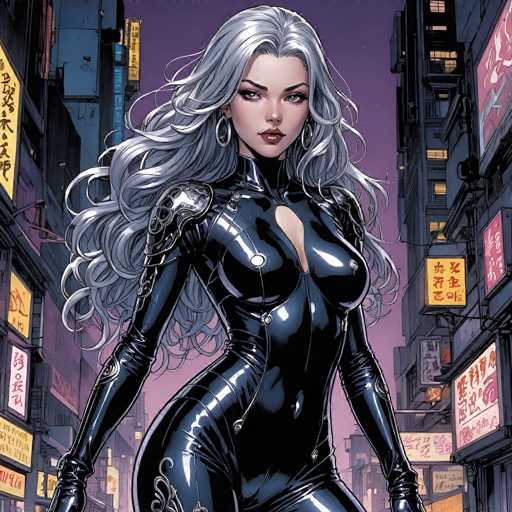 The image depicts a striking female character from a Japanese comic book, set against a backdrop of a bustling cityscape. She stands confidently in the foreground, her long, flowing gray hair cascading down to her waist. Her attire is a sleek, black leather bodysuit that accentuates her curves, featuring a daring cutout that extends from her chest down to her belly button. The bodysuit is adorned with intricate silver embellishments, particularly noticeable on her shoulders and arms, adding a touch of elegance to her fierce look.

Her face is framed by large hoop earrings, and her expression is one of intense focus, with her gaze directed straight ahead. The city behind her is alive with tall buildings on either side, their facades adorned with vibrant signs in Japanese characters. The signs are a mix of yellow and red, some with white backgrounds, creating a dynamic and colorful urban environment. The sky above is a deep purple, suggesting either the early morning or the onset of night, which adds a mysterious and dramatic atmosphere to the scene.