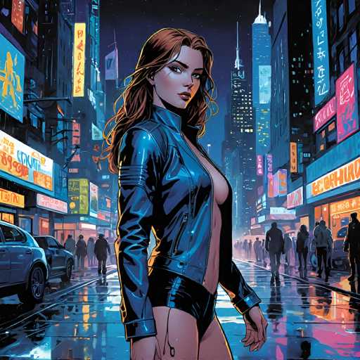 The image depicts a vibrant, futuristic cityscape at night, reminiscent of a cyberpunk version of Tokyo. The scene is dominated by towering skyscrapers adorned with neon signs and billboards, some of which display Japanese or Chinese characters. The streets below are bustling with people, and cars are parked along the sides, their wet surfaces reflecting the neon lights, suggesting recent rainfall.

In the foreground stands a striking woman with long, wavy brown hair cascading past her shoulders. She is dressed in a form-fitting, dark blue leather jacket that is unzipped to reveal her bare chest and stomach, paired with matching black leather panties. Her outfit is accentuated by thigh-high stockings, and a notable detail is a small chain hanging from her crotch. The woman's pose is confident, with her head turned over her right shoulder, gazing directly at the viewer. Her skin is fair, and she has a subtle smile on her face, adding to the allure of the scene.