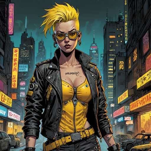 This image is a detailed, square-shaped, computer-generated illustration of a young woman standing in the middle of a bustling city street at night. The scene is set against a backdrop of towering skyscrapers adorned with neon signs in various colors, including yellow, red, and blue, with some signs featuring Asian characters. The sky is a dark gray, adding to the nighttime ambiance.

The woman, who appears to be in her 20s, has short, spiky blonde hair shaved on the sides and longer on top, styled to stick up. She wears silver-framed sunglasses with yellow lenses and has small hoop earrings. Her expression is stern, with furrowed eyebrows and full lips. She is dressed in a black leather jacket with a zipper, a yellow corset-like top with a zipper, and a yellow belt with a silver buckle. Her black pants are partially visible, and she has tattoos on her forearms. The overall aesthetic of the image is reminiscent of a comic book or graphic novel, with a futuristic and edgy vibe.