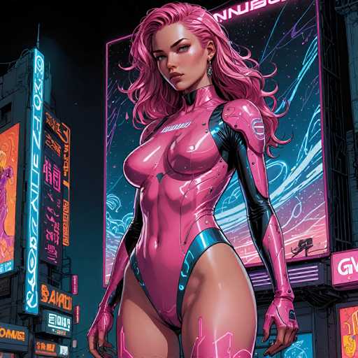 The image depicts a striking, computer-generated female character set against a backdrop reminiscent of a futuristic cityscape, possibly inspired by Tokyo. She stands confidently in the foreground, her long, flowing pink hair cascading down to her waist. Her attire is a sleek, form-fitting bodysuit that accentuates her curves, predominantly pink with black accents on the arms and sides. The bodysuit features a distinctive blue stripe running from her neck down to her crotch, adding a touch of contrast. Her skin is a light tan, and she gazes directly at the viewer with a serious expression, her blue eyes adding to her captivating presence. She wears pink gloves that extend up to her elbows, and her legs are visible, though the image cuts off just above her knees. Behind her, the cityscape is adorned with neon signs and billboards, some displaying text in an Asian language, possibly Japanese or Chinese. One prominent billboard features a starry sky with swirling patterns, enhancing the futuristic ambiance. The overall scene is vibrant and dynamic, blending elements of cyberpunk aesthetics with a modern, urban feel.
