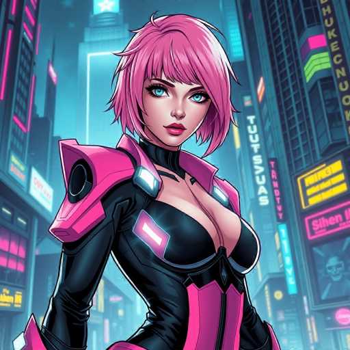 This image features a striking female character set against a vibrant, cyberpunk-inspired cityscape. The background is dominated by towering skyscrapers adorned with neon signs and billboards, casting a colorful glow over the scene. The sky is a deep, dark blue, adding to the futuristic atmosphere.

The central figure is a woman with short pink hair and piercing blue eyes. She is dressed in a form-fitting black bodysuit that accentuates her figure, particularly highlighting her cleavage. The bodysuit is adorned with pink accents, including a prominent pink stripe running down the front and pink shoulder pads. Her arms are covered in black sleeves that extend to her wrists, and she wears a black collar around her neck.

The woman's expression is serious, with her gaze directed straight at the viewer. Her lips are painted a bold red, adding a pop of color to her face. The overall composition creates a dynamic and visually captivating scene, blending elements of futuristic city life with the allure of the central character.