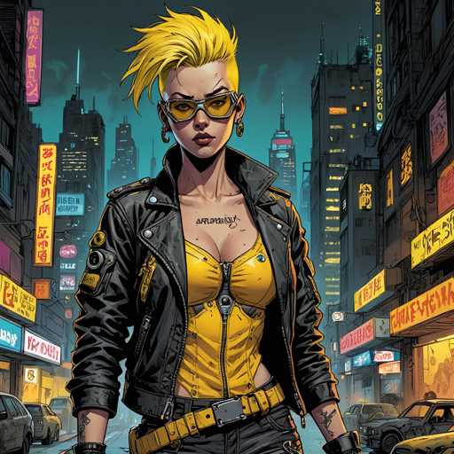 The image depicts a woman with blonde hair and sunglasses standing on a city street at night. She is wearing a yellow jacket over a black leather jacket and has tattoos visible on her arms. The background shows buildings illuminated by neon signs, creating an urban atmosphere.