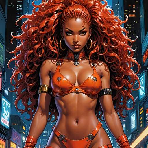The image depicts a woman with long red hair and an orange bikini top standing in front of a cityscape at night. The woman is wearing a gold necklace and earrings, and she has her arms crossed over her chest.