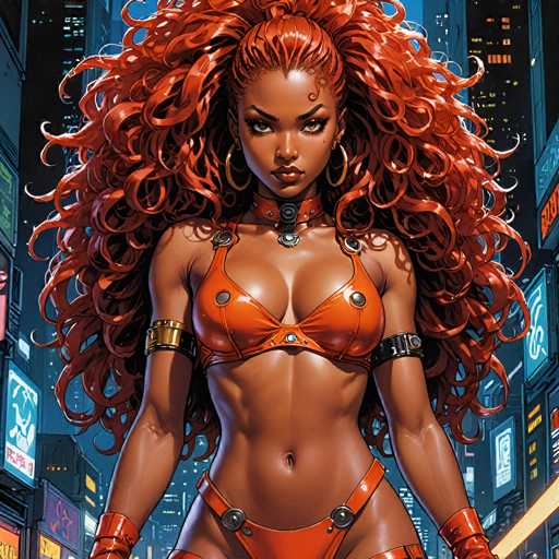 The image depicts a striking female character, likely from a video game or graphic novel, set against a backdrop of towering skyscrapers adorned with neon signs. She stands confidently, her long, curly red hair cascading down to her waist. Her attire is a revealing orange bikini top and matching bottoms, complemented by red gloves that extend up to her elbows. Gold hoop earrings glint in her ears, and a choker with a prominent silver buckle graces her neck. Her muscular physique is accentuated by a belt with silver buckles that wraps around her hips. The character's intense gaze is directed straight at the viewer, exuding a powerful and captivating presence.