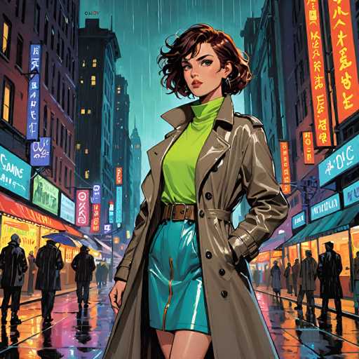A stylish woman in a trench coat stands confidently on a wet city street, rain falling around her. She's wearing a bright green turtleneck sweater and a vibrant teal skirt with a brown belt, adding a pop of color to the scene. The street is bustling with people hurrying past, many holding umbrellas. Neon signs illuminate the buildings in a vibrant cityscape, creating a dynamic and atmospheric image. The overall style is reminiscent of a retro-futuristic aesthetic, with a focus on bold colors and dramatic lighting.
