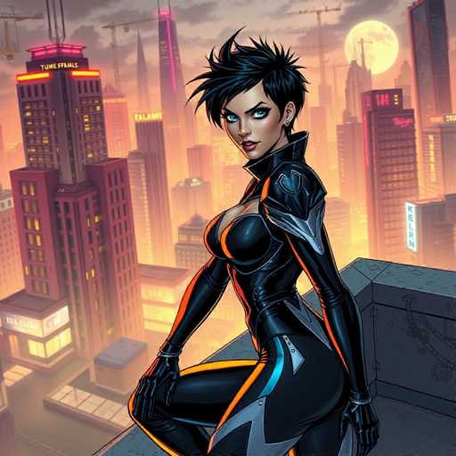 The image depicts a woman dressed in a black and white outfit with a futuristic design, standing on the roof of a building against an urban cityscape backdrop featuring tall buildings and neon signs.