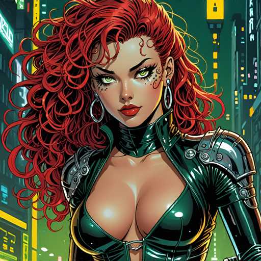 The image depicts a striking female character, likely from a video game or comic book, set against a backdrop of a futuristic cityscape. She has long, wavy red hair cascading down to her chest and captivating green eyes accentuated by black eyeliner and red lipstick. Her face is adorned with black dots under her eyes, resembling teardrops, and she wears large silver hoop earrings. She is dressed in a form-fitting, dark green leather outfit that reveals her cleavage and extends up to her neck, with metallic silver shoulder pads adding a touch of armor. The background features towering skyscrapers illuminated by yellow and blue lights, creating a vibrant, neon-lit atmosphere. The character's intense gaze is directed straight at the viewer, making her the focal point of this dynamic and visually engaging scene.