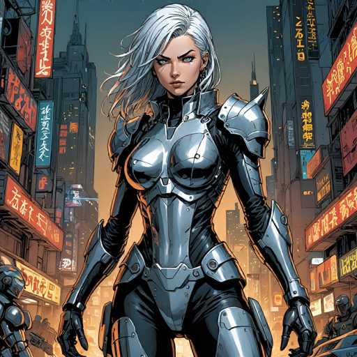 In this detailed, square-shaped image, we see a striking female character from a video game, set against a futuristic cityscape. The background features towering skyscrapers adorned with vibrant signs in an Asian language, likely Japanese or Chinese, adding an exotic and immersive atmosphere to the scene. The sky above is a muted gray, contrasting with the orange glow that emanates from the ground, casting a warm hue over the entire image.

At the center of the image stands the female character, exuding strength and determination. She has long, flowing white hair that cascades down to her shoulders, framing her face. Her piercing blue eyes and small nose are accentuated by her slightly open mouth, giving her an intense expression. She is clad in a sleek, form-fitting black bodysuit that covers her entire body, including her arms and legs. Over this, she wears a metallic armor that adds to her formidable appearance. The armor features a chest plate, shoulder plates, and additional plates on her forearms, hands, hips, and thighs, all gleaming with a silver finish.

Her hands are covered by black gloves, and she wears black pants that complete her outfit. The character's stance is powerful, with her arms extended out to her sides, and her gaze is directed straight ahead, conveying a sense of readiness and vigilance. The overall composition of the image highlights the character's strength and the futuristic, cyberpunk-inspired world she inhabits.