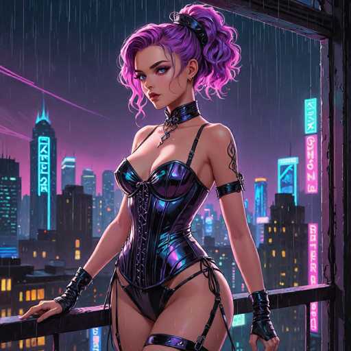 In this vibrant, cartoon-style illustration, a young woman with striking purple hair stands confidently on a balcony, overlooking a futuristic cityscape. Her hair is styled in a high ponytail, with loose strands framing her face, and a few strands cascading down her chest. She has captivating blue eyes and wears a black leather choker around her neck, adorned with a silver chain that drapes elegantly down her chest. Her attire is a form-fitting, purple leather corset that ties at the front, complemented by black garter stockings and matching gloves. A tattoo graces her left shoulder, adding to her edgy appearance. The balcony railing is black, and behind her, the city skyline is alive with towering skyscrapers illuminated by neon signs in shades of blue and pink. The sky above is a blend of dark blue and purple hues, with streaks of purple rain falling gently, enhancing the moody, futuristic atmosphere of the scene.