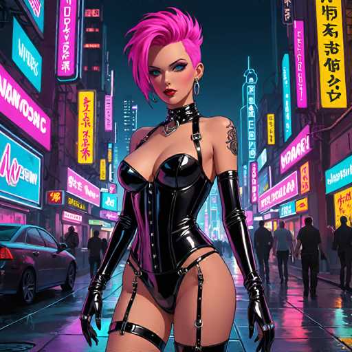 In this vibrant, cartoon-style image, a striking woman stands confidently in the middle of a bustling city street at night. She has short, spiky pink hair and piercing blue eyes, accentuated by her bold red lipstick. Her attire is a form-fitting, black leather corset that ties up the front, paired with thigh-high boots connected by garters. She also wears long black gloves that extend up to her biceps and a black leather choker around her neck. A tattoo adorns her left shoulder, adding to her edgy appearance.

The background is a neon-lit cityscape, reminiscent of a futuristic Tokyo. The street is lined with tall buildings on both sides, their facades adorned with vibrant neon signs in pink, yellow, and blue, featuring Japanese characters. The wet pavement reflects the colorful lights, enhancing the dynamic and energetic atmosphere. A car is parked on the left side of the street, and several people are walking around, contributing to the lively urban scene. The overall image is a captivating blend of futuristic elements and neon hues, creating a visually stunning and detailed depiction.
