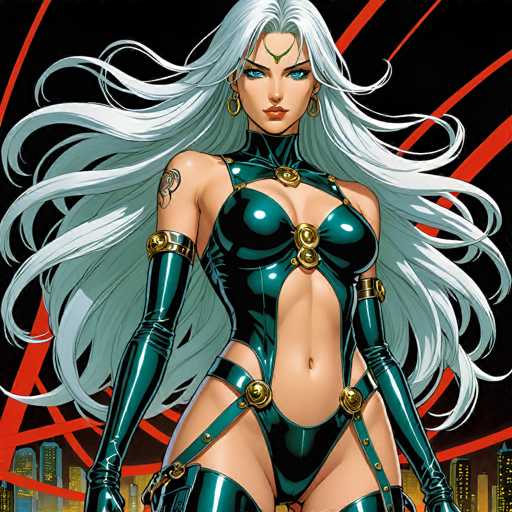This detailed illustration depicts a striking female character, likely from a video game or comic book. She has long, flowing white hair that cascades down to her waist, framing her face. Her piercing blue eyes and red lips add to her captivating appearance. Adorning her forehead is a delicate gold chain, while her ears are decorated with gold hoop earrings. 

Her attire is a form-fitting, dark green leather bodysuit that accentuates her figure. The bodysuit features a unique design with straps that run from her shoulders down to her crotch, and additional straps that crisscross over her thighs. Gold buckles and straps embellish the bodysuit, adding a touch of elegance. She also wears long, green gloves that extend up to her biceps, and matching green thigh-high boots.

Her skin is a light tan, and a tattoo is visible on her right shoulder, adding to her mysterious allure. The background is a stark black, punctuated by red lines that create a dynamic sense of movement. At the bottom of the image, a city skyline with illuminated skyscrapers can be seen, providing a dramatic urban backdrop to this enigmatic figure.