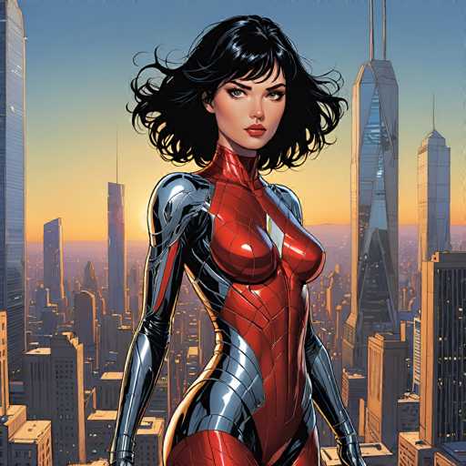 A digital painting of a woman in a sleek, red and silver superhero suit standing confidently in front of a futuristic cityscape. The woman has short, black, wavy hair and piercing brown eyes, looking directly at the viewer with a serious expression. The suit is form-fitting and features a dynamic, textured design with sharp angles and metallic accents. The background shows a vibrant sunset sky with warm orange and yellow hues, contrasting with the cool tones of the cityscape. The buildings are tall and modern, with a mix of glass and steel structures. The overall style is reminiscent of comic book art, with bold lines and a dramatic lighting effect.