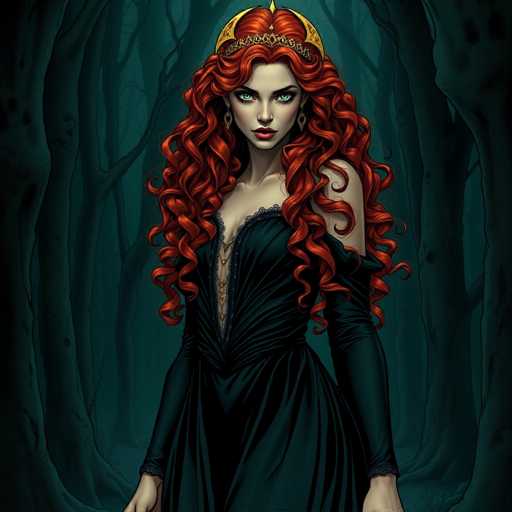 The image depicts a striking, computer-generated illustration of a woman with long, curly red hair cascading past her shoulders. She stands in the center of a dark, dense forest, surrounded by tall, leafless trees that create a haunting atmosphere. The woman is adorned in a black dress that features a deep V-neck, revealing a hint of her chest, and is complemented by a gold necklace. Her dress has long sleeves that extend to her wrists, with the right sleeve slightly off her shoulder. She wears a golden crown with a pointed top, and her face is accentuated by bright green eyes, red lipstick, and gold earrings. Her expression is serious, and she gazes directly at the viewer. The overall scene is shrouded in darkness, with the woman's vibrant red hair and green eyes providing a stark contrast to the shadowy background.