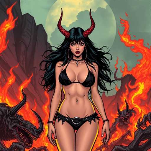 The image depicts a striking cartoon character with long, flowing black hair and a tan complexion. She is adorned with large, hoop earrings and a choker necklace featuring a small pendant. Her attire includes a black bikini top and a black bikini bottom, complemented by a belt with a prominent silver buckle. Notably, she has two red horns protruding from her head, adding to her devilish appearance. The background is filled with intense flames and menacing creatures, including a demonic figure with horns and another creature with a single horn. The scene is set against a backdrop of towering mountains, with a full moon casting an eerie glow over the chaotic tableau.