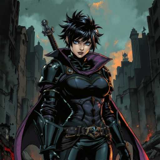 The image depicts a striking female character from a video game, set against a backdrop of a dark, post-apocalyptic cityscape. She stands confidently in the foreground, her short, spiky black hair and piercing blue eyes drawing immediate attention. Her attire is a blend of futuristic and medieval elements, featuring a tight-fitting black leather bodysuit with a high collar and a purple cape that flows behind her. She wears black gloves and a belt with a prominent gold buckle, adding to her formidable appearance. A sword is strapped to her back, hinting at her readiness for battle. The city behind her is a mix of tall, gray buildings, some with pointed tops, and others appearing burnt and damaged. The sky above is a mix of dark gray and blue, with hints of orange clouds, enhancing the ominous atmosphere. The overall scene is rich in detail, capturing a moment of tension and anticipation.