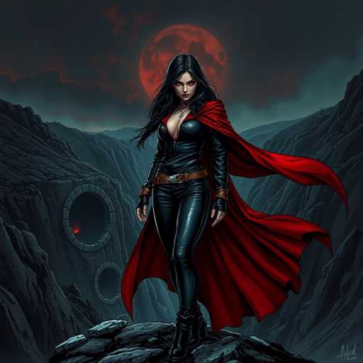 The image depicts a striking female character, possibly from a video game or movie, standing on a rocky outcrop in a dark, mountainous landscape. She has long, flowing black hair and piercing red eyes, giving her an intense, almost menacing expression. She is dressed in a tight, black leather bodysuit that accentuates her figure, complete with a low-cut neckline and long sleeves. A brown belt with a silver buckle cinches her waist, and she wears fingerless gloves that extend to her elbows. A dramatic red cape billows behind her, adding to her formidable presence. The background features a large, ominous red moon partially obscured by dark clouds, casting an eerie glow over the scene. To her left, there is a circular opening in the rock, with a smaller one below it, both emitting a fiery light from within. The overall atmosphere is dark and foreboding, with the character's intense gaze directed straight at the viewer.