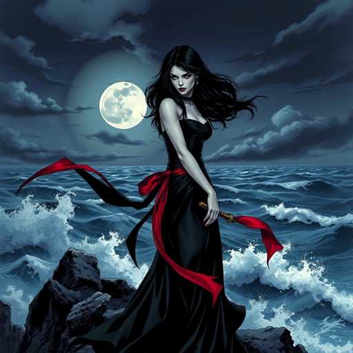 The image depicts a striking, computer-generated scene of a woman standing on a rocky outcrop by the ocean at night. The woman, who has long, flowing black hair, is dressed in a sleek, black dress adorned with a red ribbon that billows behind her in the wind. She holds a golden object in her hand, possibly a sword or a scepter, adding to her enigmatic presence. Her pale skin contrasts sharply with the dark, stormy atmosphere around her. The ocean below is tumultuous, with waves crashing against the rocks, and the sky above is filled with dark, ominous clouds. A full moon glows brightly behind her, casting an ethereal light over the entire scene. The overall composition, with its dramatic elements and rich details, suggests a scene from a fantasy or horror story, reminiscent of characters like medusas or other mythical figures.