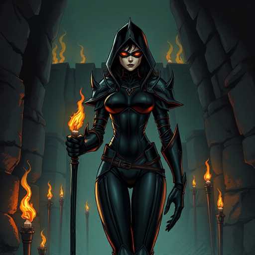 The image depicts a striking female character, possibly from a video game or animated series, set against a dark, medieval backdrop. She stands in the center of a stone-walled room, flanked by large stone columns that are adorned with numerous lit torches. The room is dimly lit, with the flames providing the primary illumination, casting an eerie glow on the scene.

The character is dressed in a form-fitting, black leather bodysuit that accentuates her curves, particularly around her chest and hips. She wears a black hood that covers her head, with a mask that has glowing red eyes, adding to her menacing appearance. Her armor includes spiked shoulder pads and a chest plate, and she has long black gloves extending up to her biceps. A belt with multiple straps cinches her waist, and she wears black pants that complete her outfit.

In her right hand, she holds a staff topped with a flaming torch, while her left hand hangs by her side. The overall atmosphere is dark and foreboding, with the numerous flames from the torches providing a stark contrast to the shadowy surroundings. The character's attire and the setting suggest she might be a sorceress or a warrior, poised for battle in this mysterious and ominous environment.