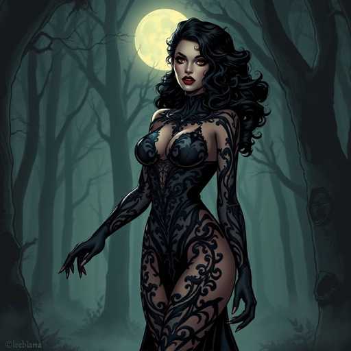 The image depicts a striking, computer-generated woman standing in a dark, eerie forest. She has long, wavy black hair cascading down to her shoulders and mesmerizing red eyes that contrast with her pale skin. Her lips are painted a vivid red, adding to her captivating appearance. She is dressed in a form-fitting, black corset-like outfit adorned with intricate floral patterns, which reveals her cleavage and legs. The outfit extends to cover her arms, with gloves that reach up to her biceps. Her pose is seductive, with her left leg slightly bent and her right leg straight, while her arms are positioned in front of her. The background features a dense array of leafless trees, shrouded in fog, with a full moon casting an ethereal glow from behind her head. The overall atmosphere is haunting and mysterious, with the woman's intense gaze and alluring attire drawing the viewer's attention.