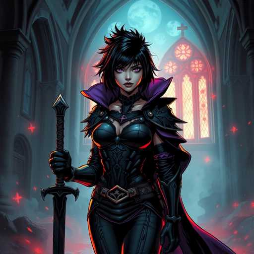 The image depicts a striking female character, possibly from a video game or an anime, standing in a grand, gothic-style cathedral. She has short, spiky black hair and piercing purple eyes, with a serious expression on her face. She is dressed in a form-fitting black leather outfit, complete with a purple cape that drapes over her shoulders and extends down her back. Her attire includes a black leather corset, gloves, and a belt with a prominent diamond-shaped buckle. She holds a large sword in her right hand, which is pointed downward. The background features a large, ornate stained glass window with a cross at the top, and the moon is visible through the window, casting a serene glow. The cathedral's interior is dimly lit, with red stars scattered around the floor, adding to the mystical atmosphere.