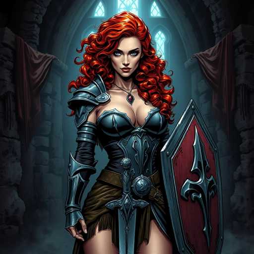 The image depicts a striking female warrior with long, curly red hair cascading past her shoulders. She has piercing blue eyes and a serious expression, with her gaze directed slightly to the right. The warrior is adorned in intricate silver armor that covers her chest and extends down to her waist, complemented by a brown leather skirt. A sword is sheathed at her waist, and she wears a necklace with a red jewel. Her right arm is protected by a silver gauntlet, and she holds a shield in her left hand. The shield is red with a silver border and features a silver emblem resembling a cross or arrow. The background reveals a stone wall with a large arched window, draped with red banners on either side. The overall scene is dark and atmospheric, highlighting the warrior's formidable presence.