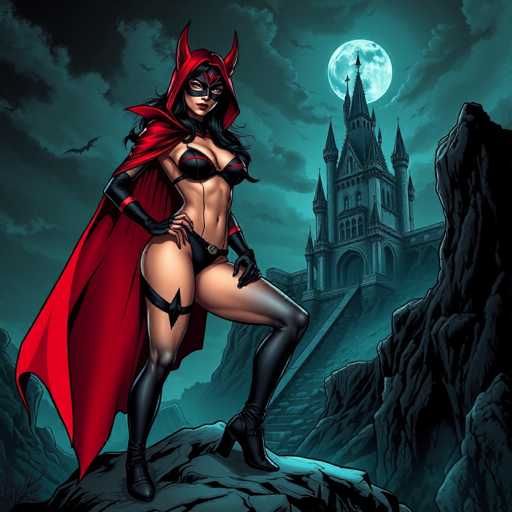 In this detailed cartoon image, a female superhero stands confidently on a rocky outcrop, her striking pose accentuated by her attire and surroundings. She wears a red cape with pointed ears that resemble devil horns, complementing her black mask adorned with red accents around her eyes. Her long black hair flows beneath the cape, framing her face. She is dressed in a black bra and black panties, with thigh-high black stockings that feature a bat wing design on the upper thighs. Her outfit is completed with black gloves and high-heeled boots. The superhero's left hand rests on her hip while her right hand is placed on her thigh, exuding a sense of readiness and power.

The background sets a dramatic scene with a dark, cloudy sky illuminated by a full moon, casting a bluish-green glow over the landscape. To the right of the superhero, a large, foreboding castle with multiple spires and a long staircase looms, adding to the mysterious atmosphere. The entire scene is rendered in a cartoon style, emphasizing the fantastical elements of the superhero and her surroundings.