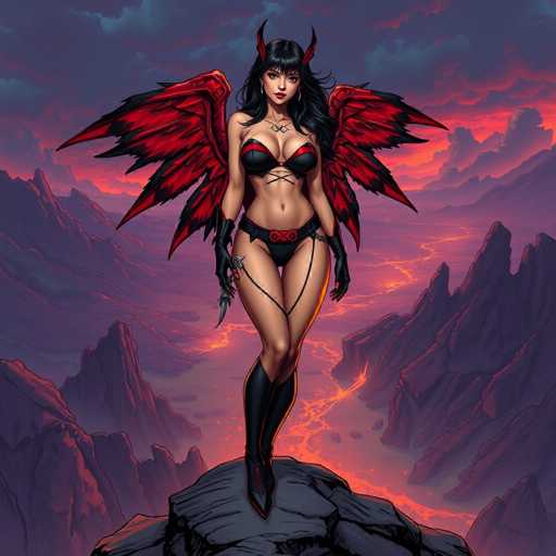 The image depicts a striking cartoon character, a devilish woman with long black hair and devil horns protruding from her head. She is adorned in a revealing outfit that includes a black and red bra, a black belt with a red buckle, and thigh-high black boots. Her ensemble is completed with long black gloves, each featuring a knife at the wrist. She stands confidently on a rock, her legs crossed, with a background that sets a dramatic scene. The sky is a mix of dark gray clouds and vibrant reds, suggesting a fiery sunset. Below her, the landscape is filled with jagged, dark gray and black mountains, and a river of lava flows through the center, adding to the intense atmosphere. The overall color palette is dominated by deep reds, blacks, and grays, enhancing the fiery and ominous mood of the scene.