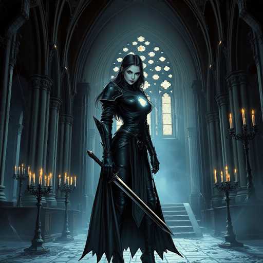 A woman dressed as a medieval princess stands in front of a large window with a stained glass panel and flanked by two tall candles on either side. She holds a sword in her right hand and wears a black dress that contrasts with the blue background.