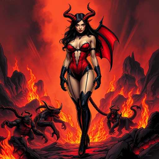 The image depicts a striking scene set in a fiery, infernal landscape. At the center stands a devilish woman with long, flowing black hair and prominent horns protruding from her head. Her attire is a revealing red corset that exposes her midriff and complements her black boots. She also sports a tail, emphasizing her demonic nature. Surrounding her are three smaller demons, each with long, curved horns and menacing expressions. The background is engulfed in flames, with towering mountains of rock adding to the chaotic atmosphere. The woman's intense gaze is directed straight at the viewer, creating a powerful and unsettling focal point. The overall composition suggests a scene from a video game or a fantastical comic book, blending elements of danger and allure.