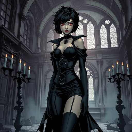 The image depicts a striking female character, possibly from a video game or an animated series, set in a grand, gothic-style castle. She stands confidently in the middle of a spacious room, exuding an aura of mystery and allure. Her short, spiky black hair frames her face, which is accentuated by her intense red eyes and bold red lipstick. She is dressed in a revealing black corset that ties up the front, paired with a short black skirt and thigh-high black stockings. A choker adorns her neck, adding to her enigmatic appearance.

The room around her is filled with intricate details that enhance the eerie atmosphere. To her left and right, tall candlesticks with three lit candles each cast a flickering glow, their black metal frames contrasting with the wax. The floor beneath her is littered with debris, including broken bricks and stones, suggesting recent destruction. Cobwebs drape from the ceiling, adding to the sense of abandonment and decay. The walls are adorned with large, arched windows featuring stained glass, through which muted light filters, casting colorful patterns on the floor. The overall scene is a captivating blend of gothic architecture and dark, mysterious ambiance, perfectly complementing the character's enigmatic presence.